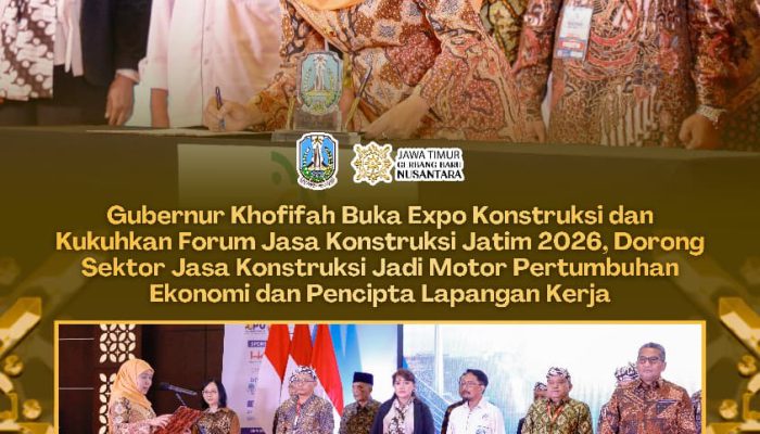 Gubernur     Khofifah Kukuhkan Forum Jasa Konstruksi Jatim 2026-2029, Perkuat Infrastruktur Berkualitas