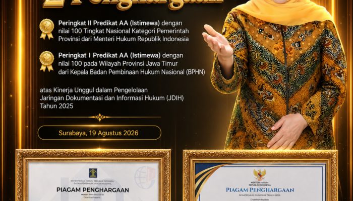Jawa Timur Raih Dua Penghargaan Nasional JDIH, Gubernur Khofifah: Predikat AA dan Nilai 100 Jadi Motivasi