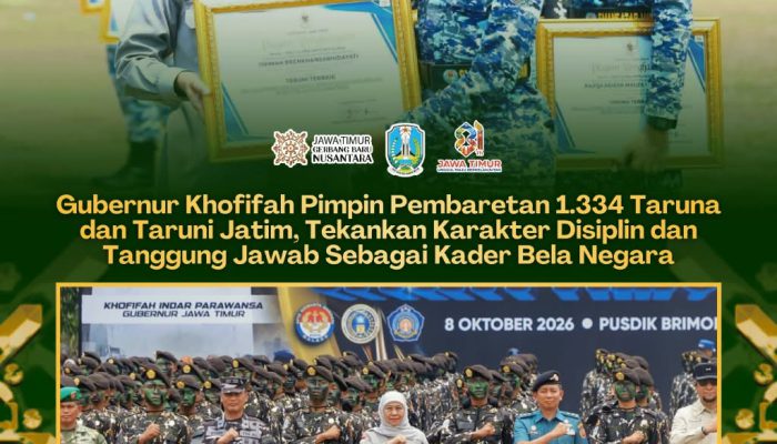 Gubernur Khofifah Pimpin Pembaretan 1.334 Taruna Jatim, Tekankan Disiplin dan Karakter Kader Bela Negara
